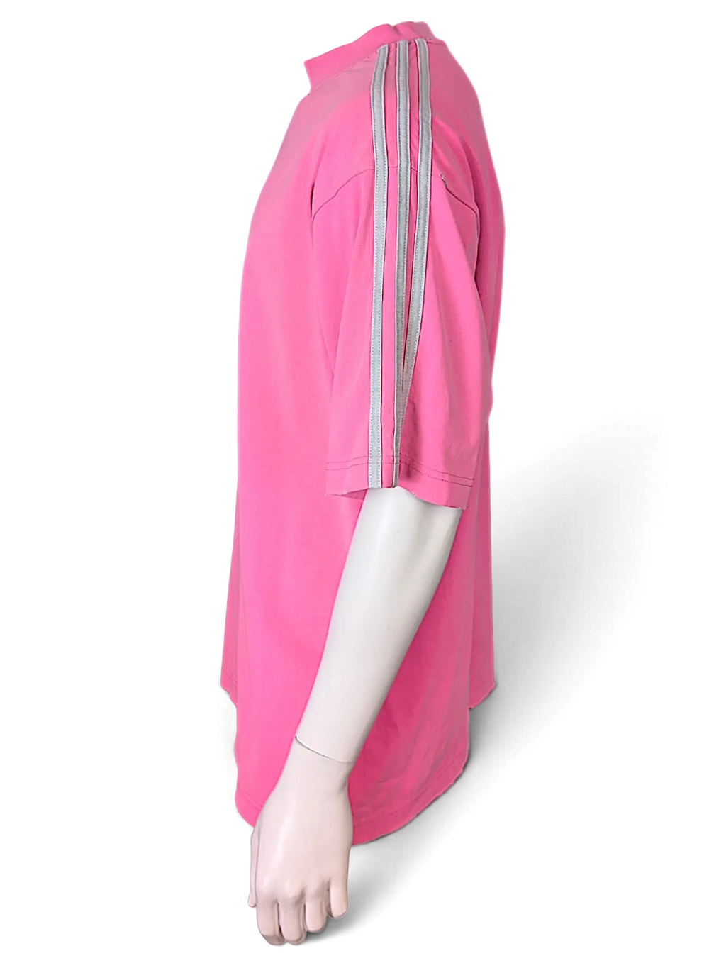 JAKE & IPI Balenciaga x Adidas pink cotton T-shirt with signature grey side stripes on a mannequin side view
