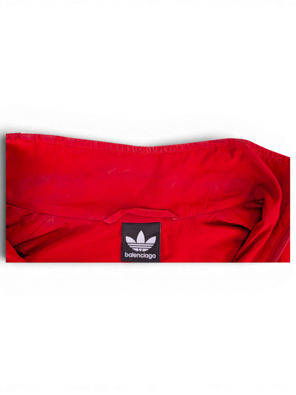 JAKE & IPI Balenciaga x Adidas red windbreaker jacket collar detail with branded logo tag