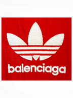 JAKE & IPI Balenciaga x Adidas collaboration red fabric with white embroidered trefoil logo and balenciaga text