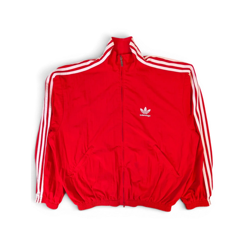 JAKE & IPI Balenciaga x Adidas red track jacket with white three-stripe detailing and embroidered logo