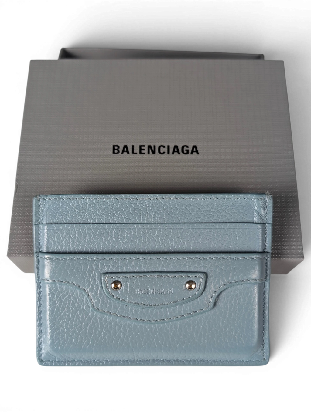JAKE & IPI light blue leather Balenciaga card holder with silver stud details and branded gift box