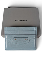 JAKE & IPI light blue leather Balenciaga card holder with silver stud details and branded gift box