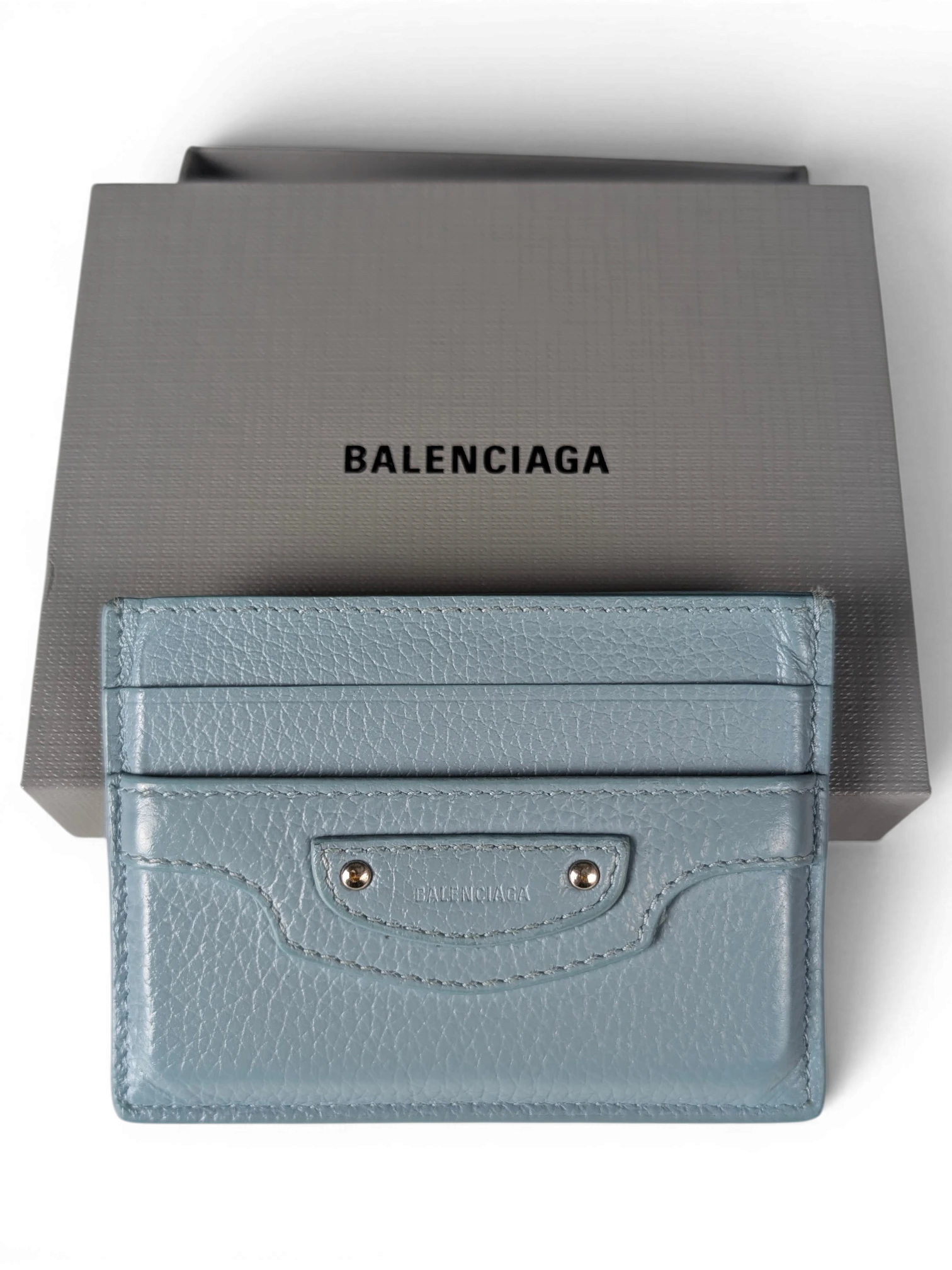 JAKE & IPI light blue leather Balenciaga card holder with silver stud details and branded gift box
