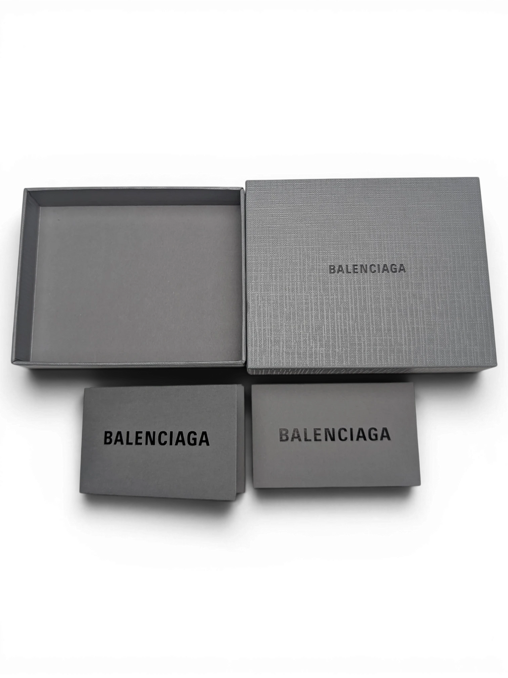 JAKE & IPI Balenciaga card holder grey branded presentation box and authenticity cards on black background