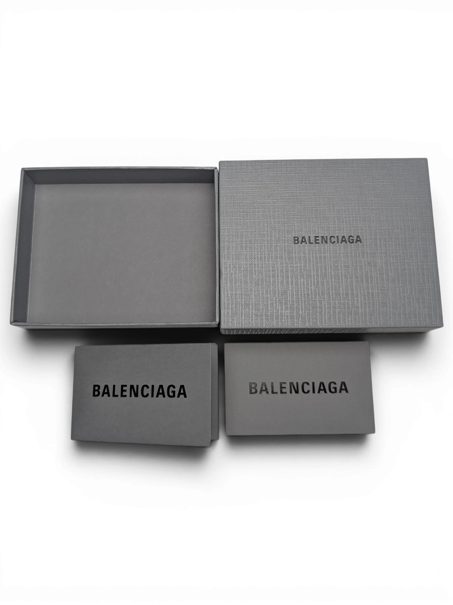 JAKE & IPI Balenciaga card holder grey branded presentation box and authenticity cards on black background