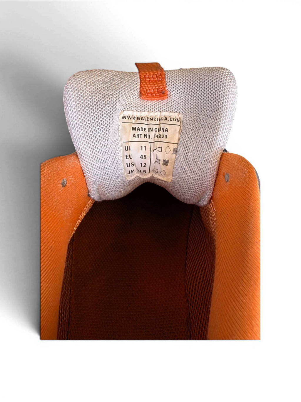 JAKE & IPI Balenciaga Track sneaker interior showing size label and orange padded collar
