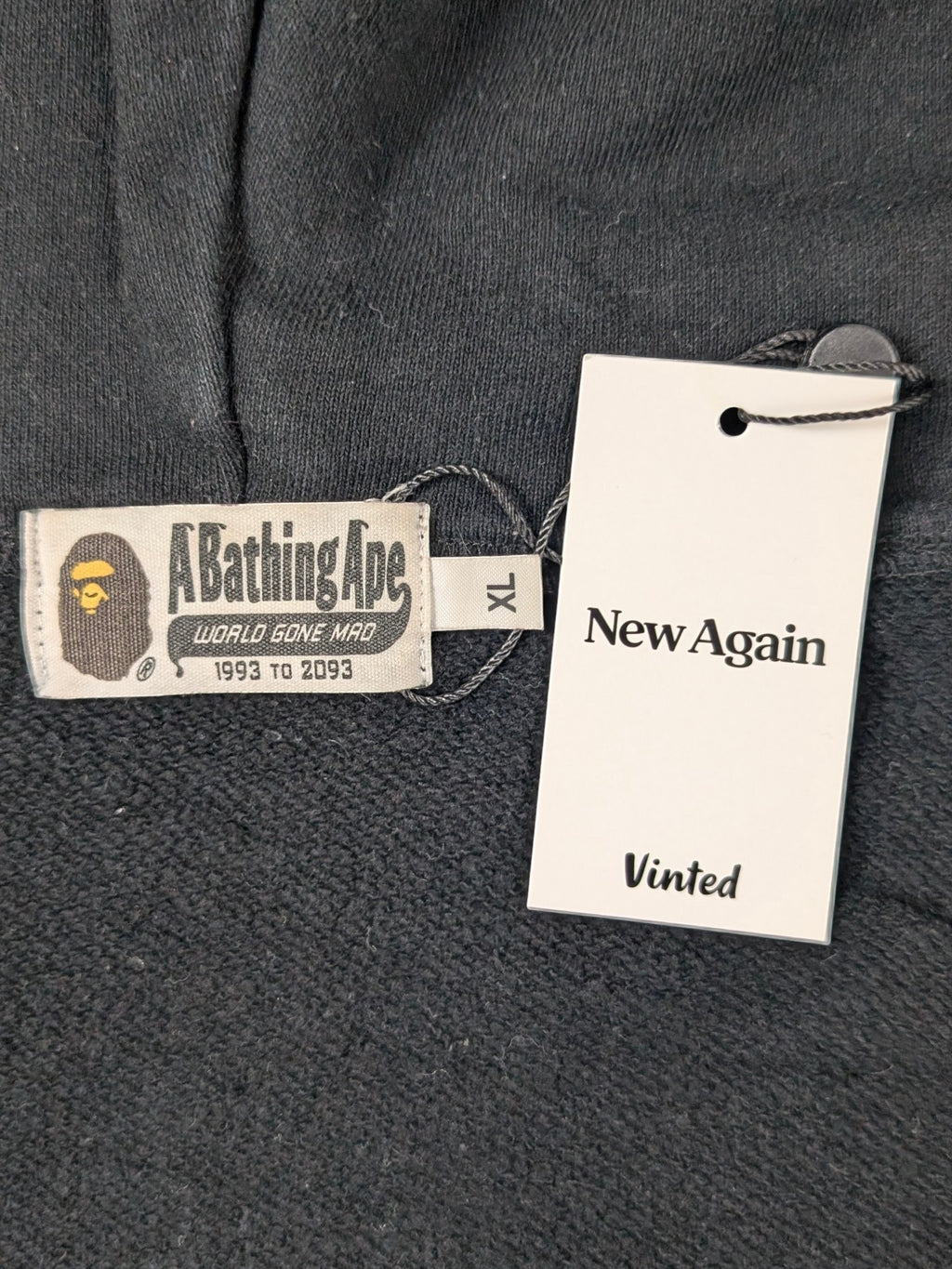 JAKE & IPI black A Bathing Ape shark hoodie with size XL tag and New Again Vinted hangtag