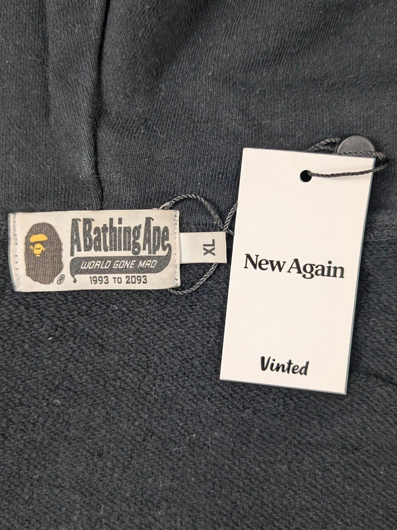 JAKE & IPI black A Bathing Ape shark hoodie with size XL tag and New Again Vinted hangtag