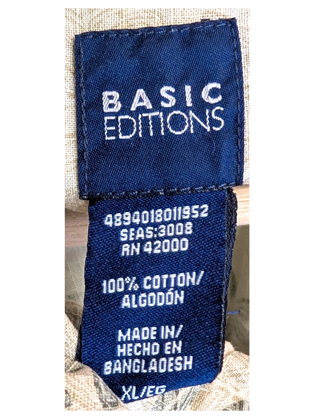 JAKE & IPI Basic Editions Hawaiian shirt label showing 100 percent cotton material and XL sizing