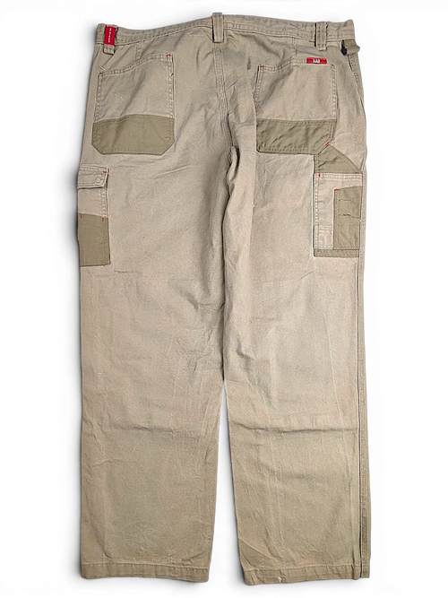 JAKE & IPI olive green double-knee workwear pants with cargo pockets and red stitching details on a black background