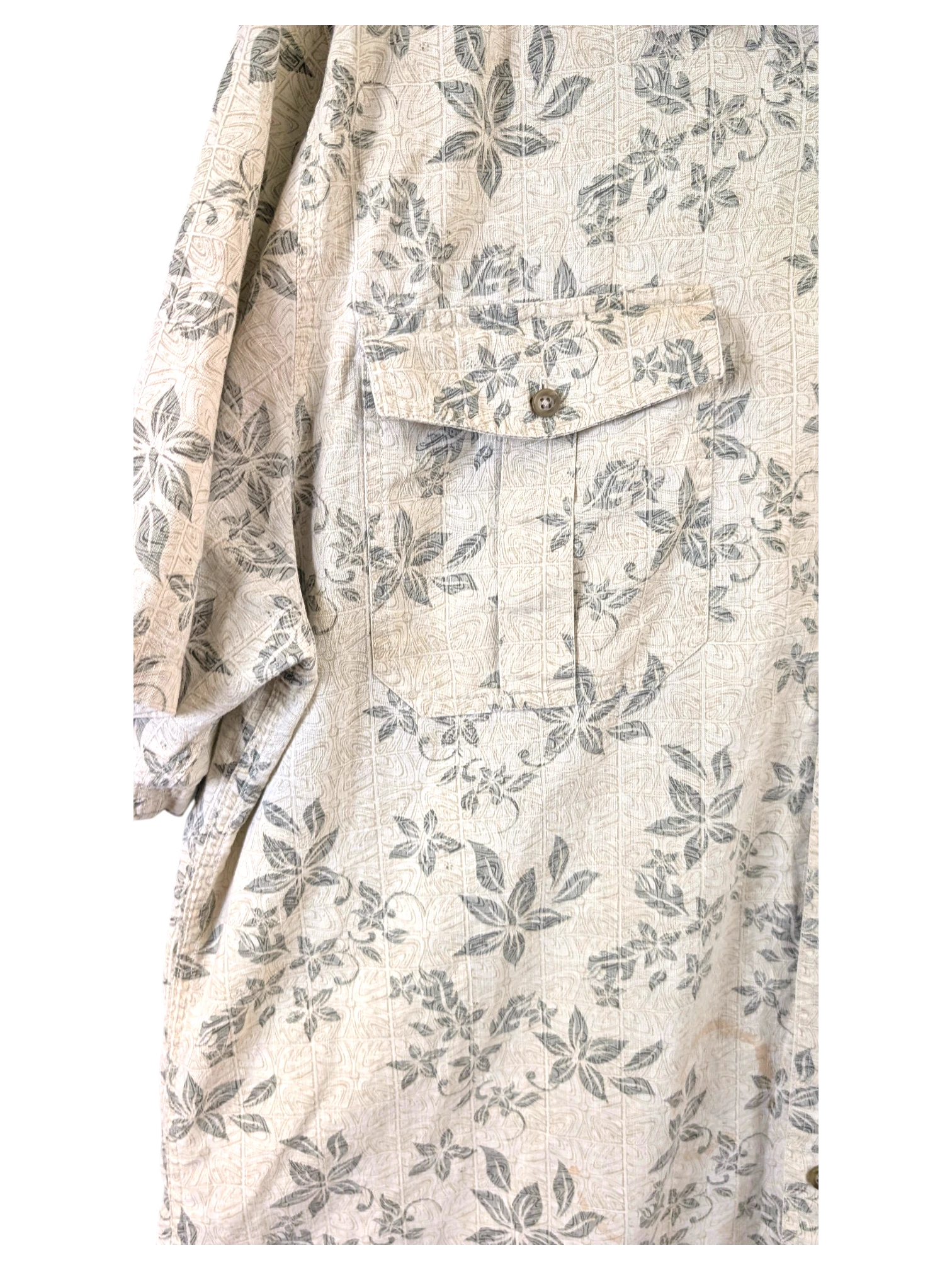 JAKE & IPI beige Hawaiian shirt with grey floral leaf print and a single chest pocket