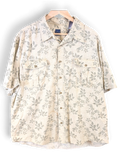 JAKE & IPI beige Hawaiian shirt with a subtle green leaf print, featuring a button-down front and dual chest pockets.
