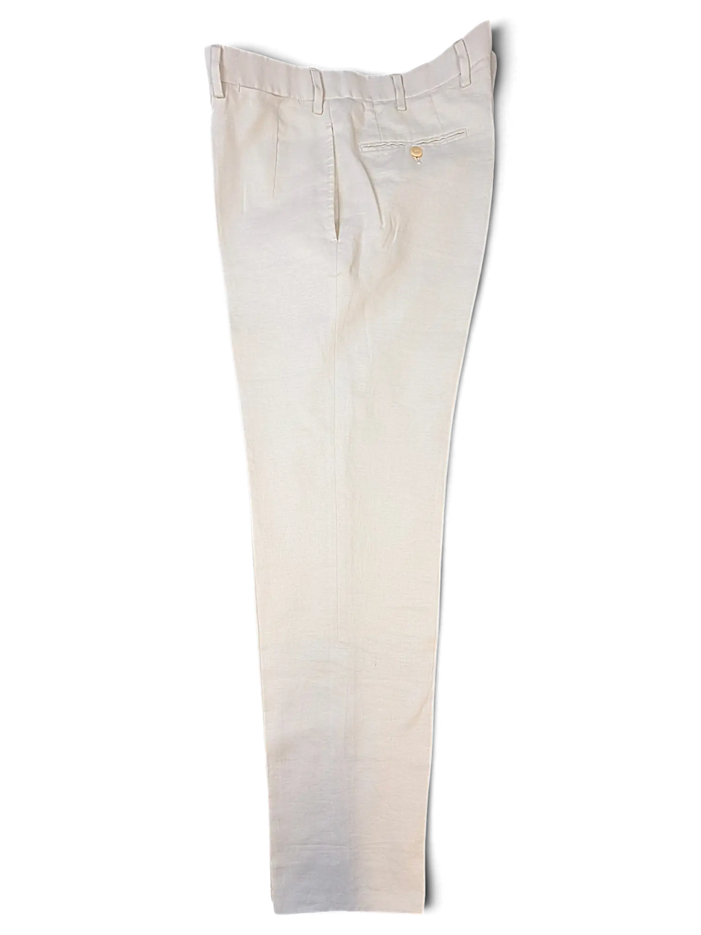 JAKE & IPI beige linen suit trousers with a tailored fit, buttoned back pocket, and belt loops.