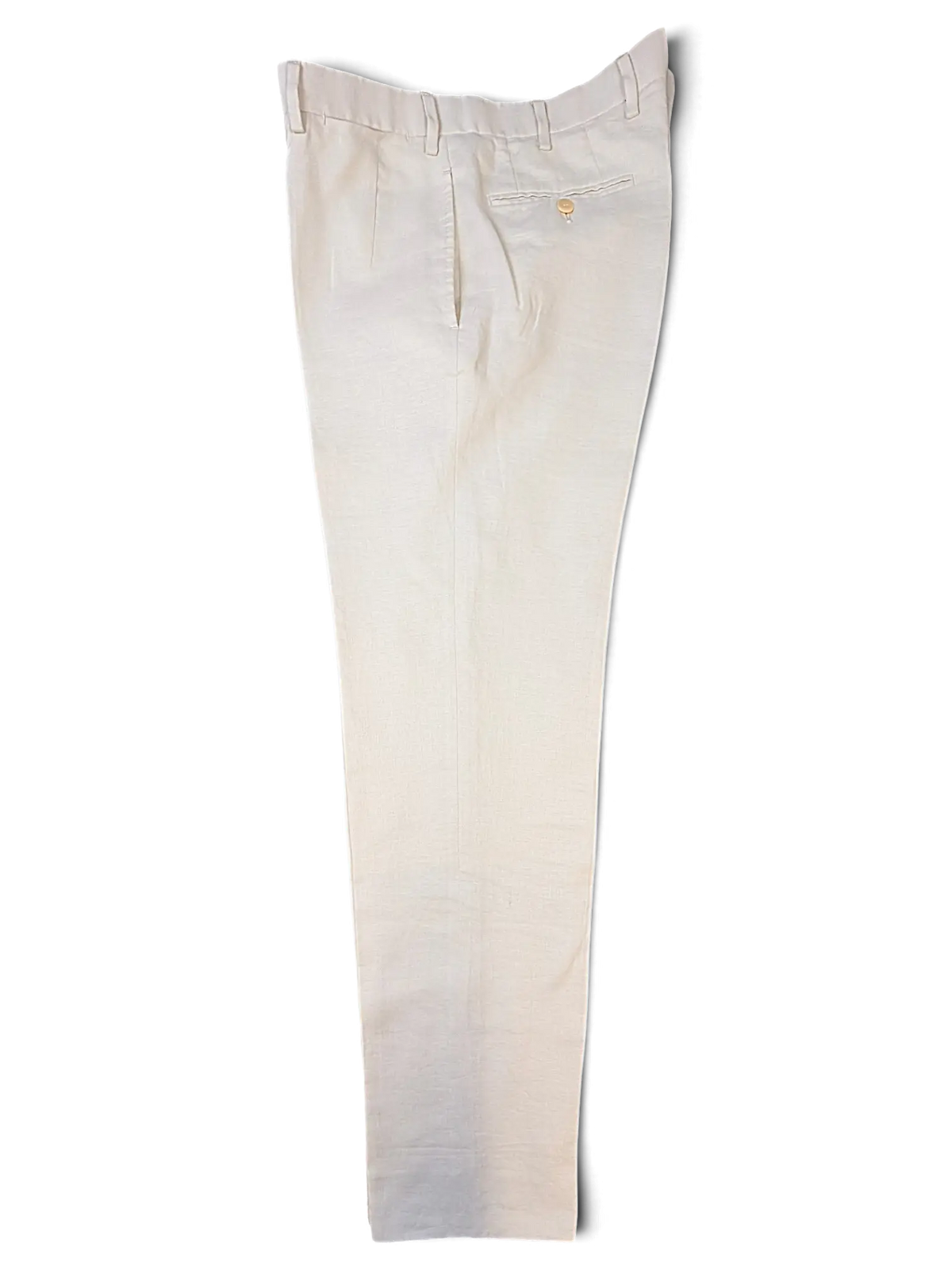 JAKE & IPI beige linen suit trousers with a tailored fit, buttoned back pocket, and belt loops.