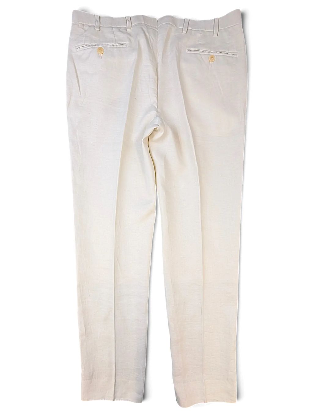 Back view of JAKE & IPI IBE Brioni beige linen suit trousers featuring buttoned back pockets and a tailored fit.