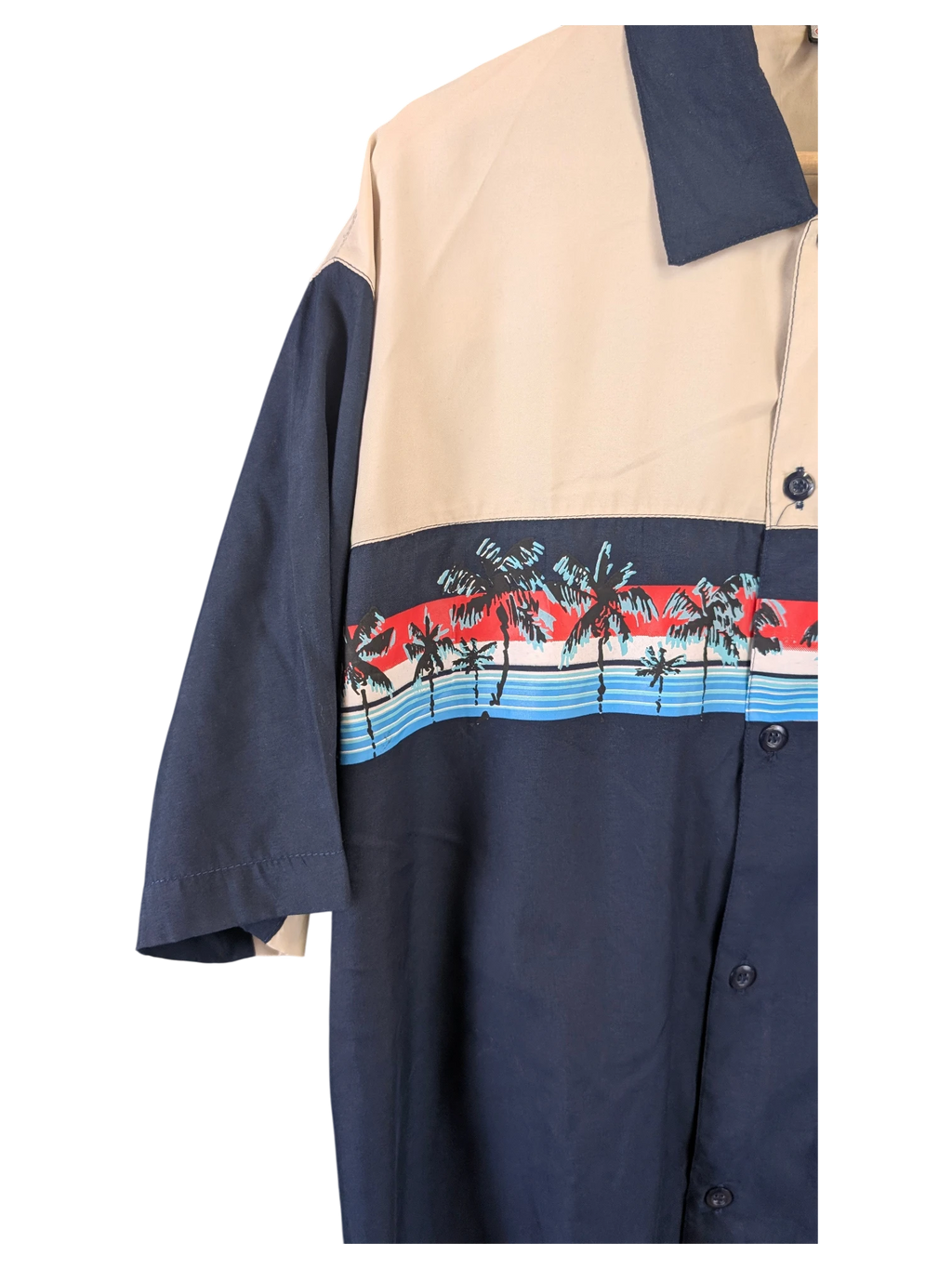 JAKE & IPI beige and navy blue Hawaiian shirt with a tropical palm tree print and horizontal striped detail.