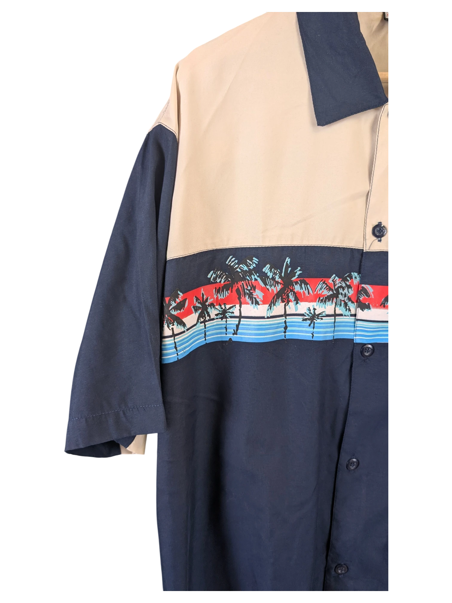 JAKE & IPI beige and navy blue Hawaiian shirt with a tropical palm tree print and horizontal striped detail.