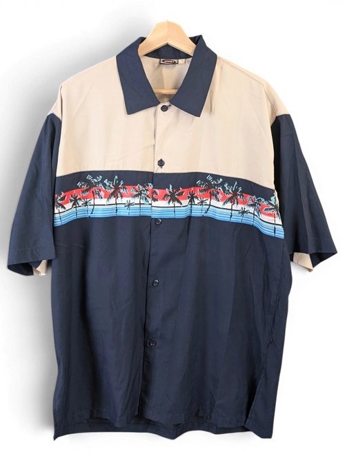 JAKE & IPI beige and navy blue short-sleeve Hawaiian shirt with a tropical palm tree print across the chest