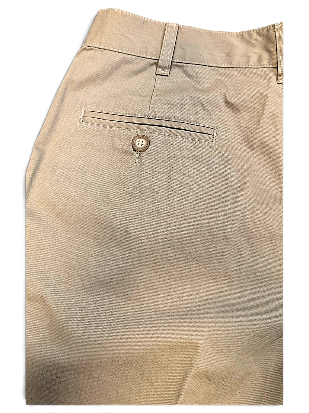 JAKE & IPI A M A La Mode beige pleated trousers featuring a rear welt pocket with button closure
