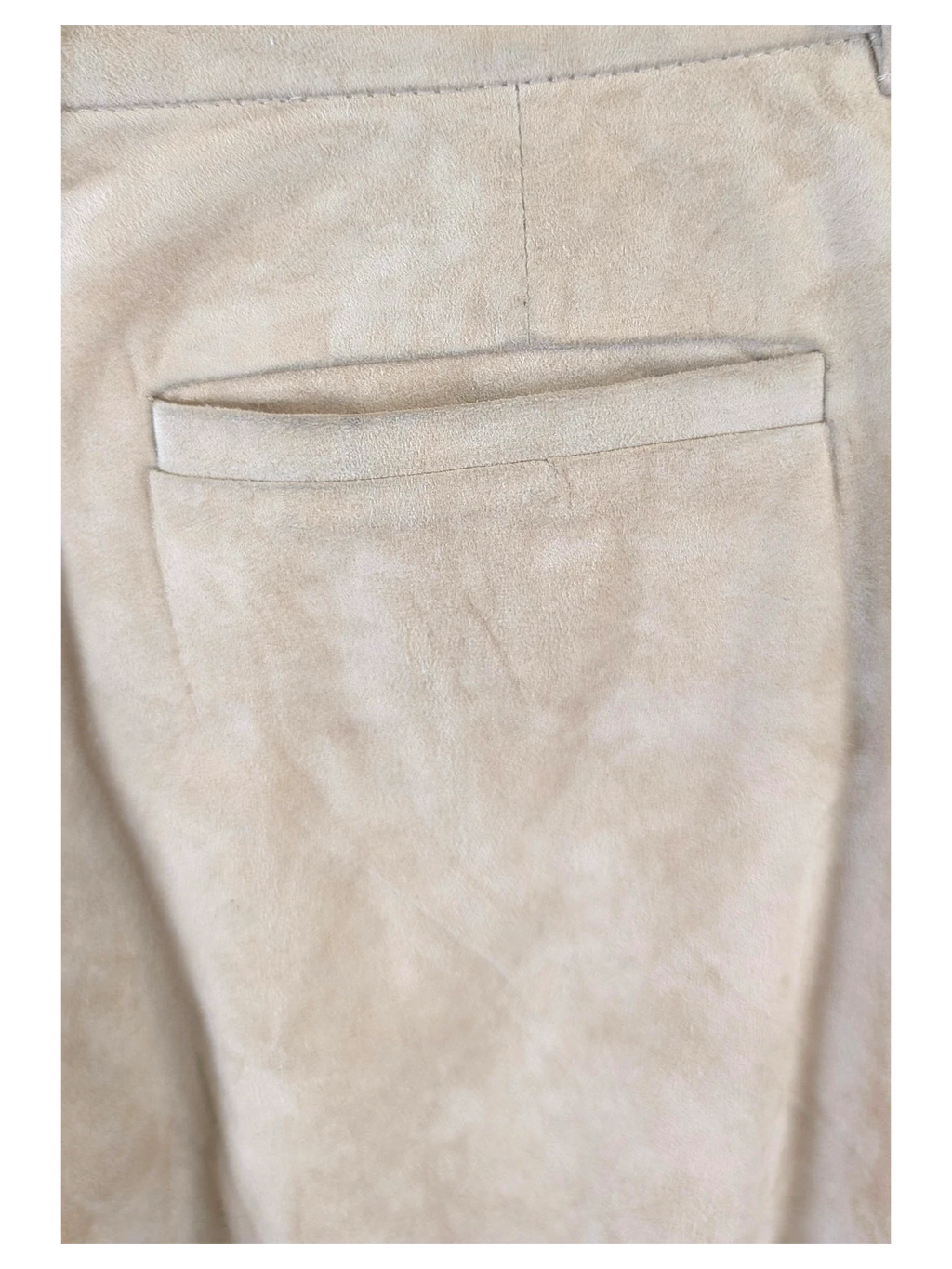 JAKE & IPI beige suede leather pants featuring a clean back pocket detail and high-quality stitching.