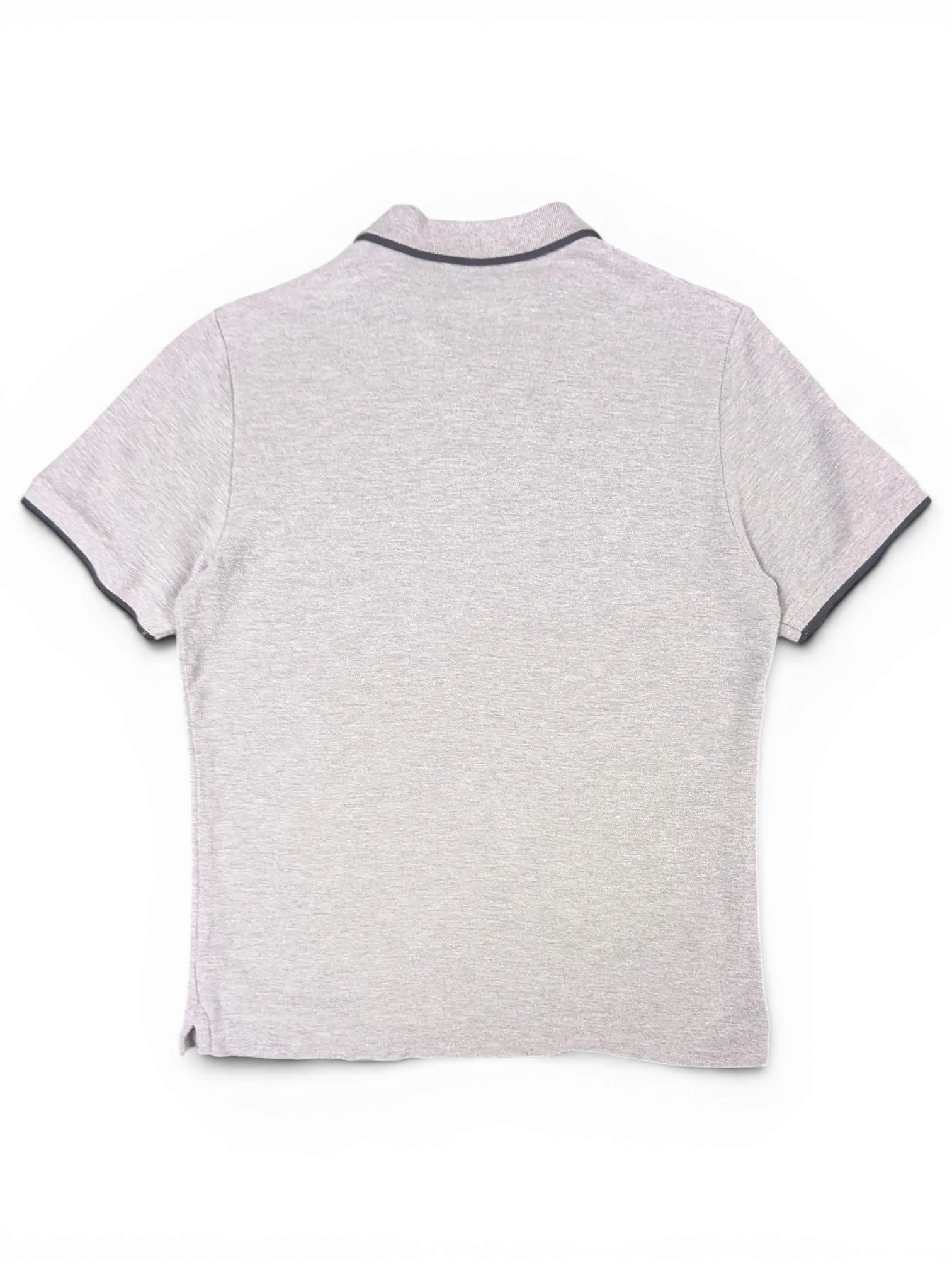 JAKE & IPI pre-owned Ben Sherman grey polo shirt with black tipping on the collar and sleeves, back view.