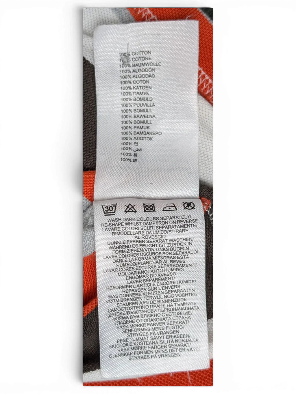 JAKE & IPI Ben Sherman polo shirt care label showing 100 percent cotton material and washing instructions