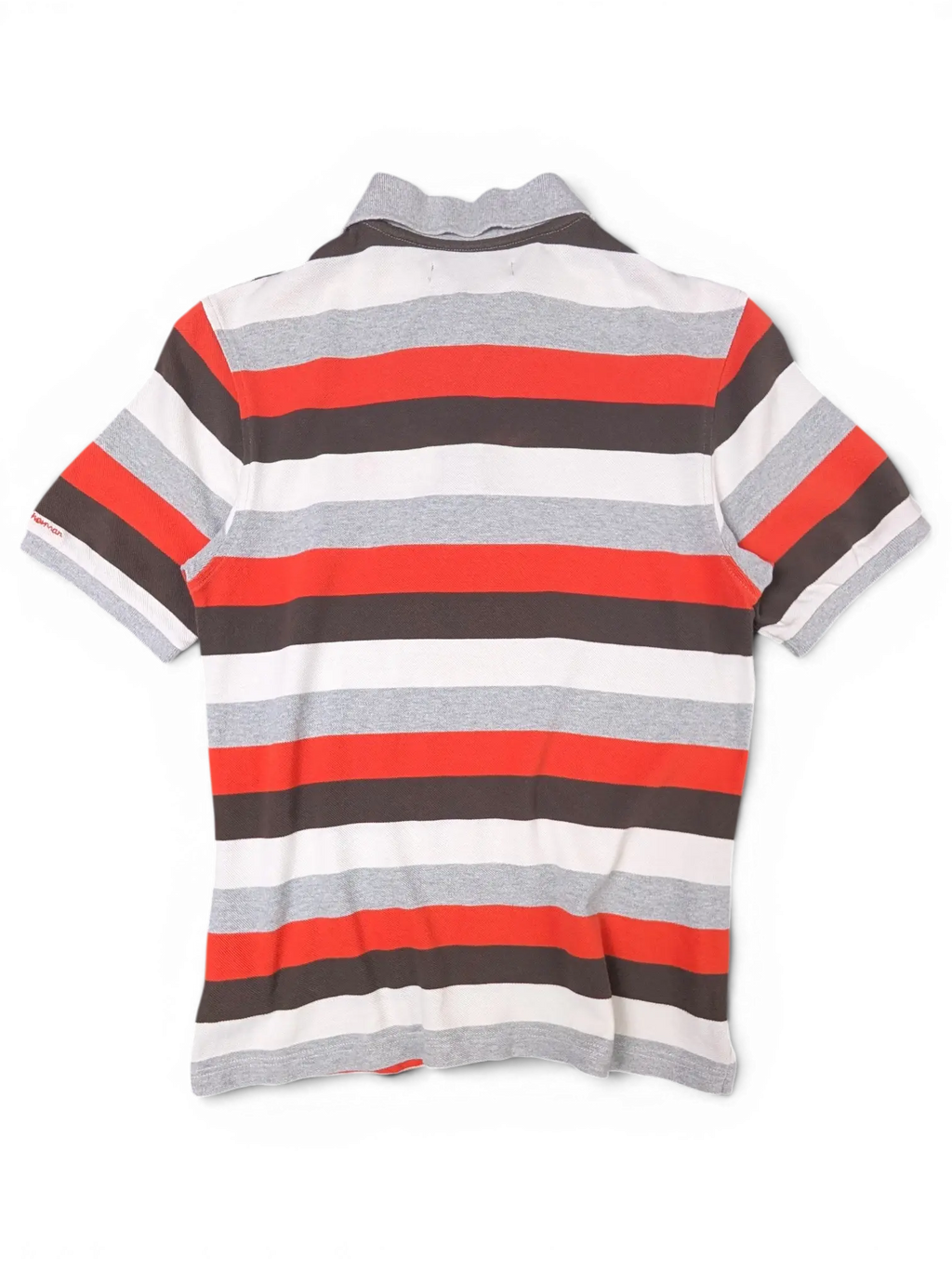 JAKE & IPI vintage Ben Sherman polo shirt featuring grey, red, black, and white horizontal stripes and a collar.