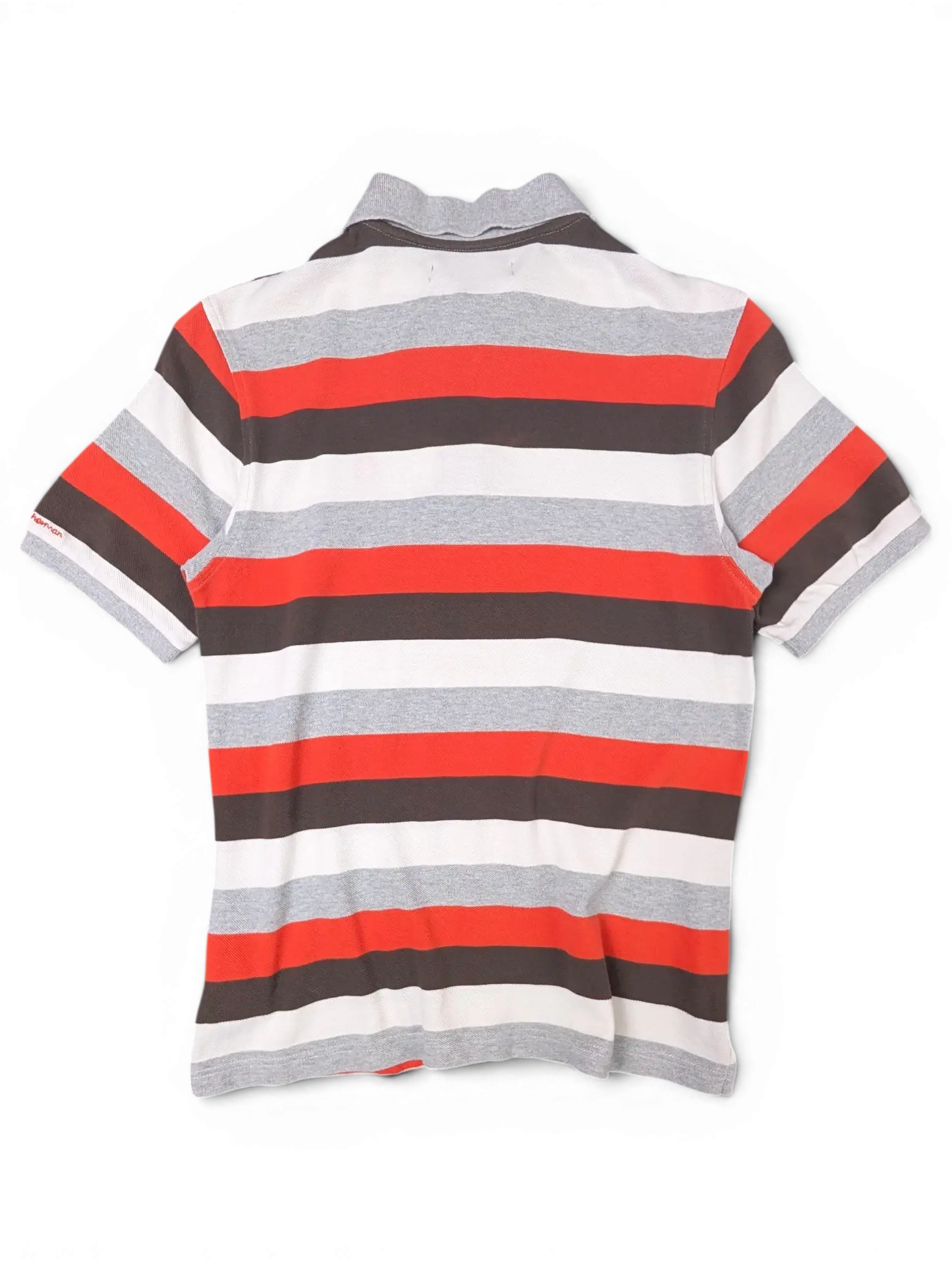 JAKE & IPI vintage Ben Sherman polo shirt featuring grey, red, black, and white horizontal stripes and a collar.