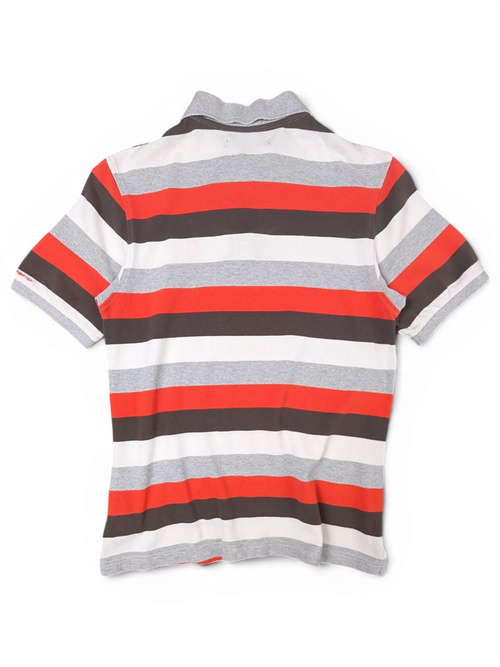 JAKE & IPI vintage Ben Sherman polo shirt featuring grey, red, black, and white horizontal stripes and a collar.