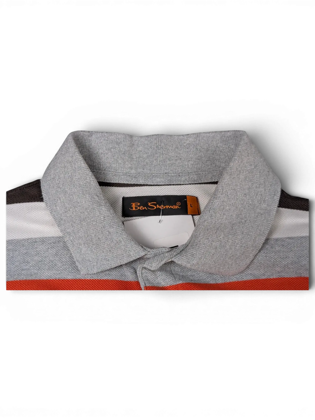 JAKE & IPI vintage Ben Sherman grey, red, black, and white striped polo shirt with collar and brand label detail.