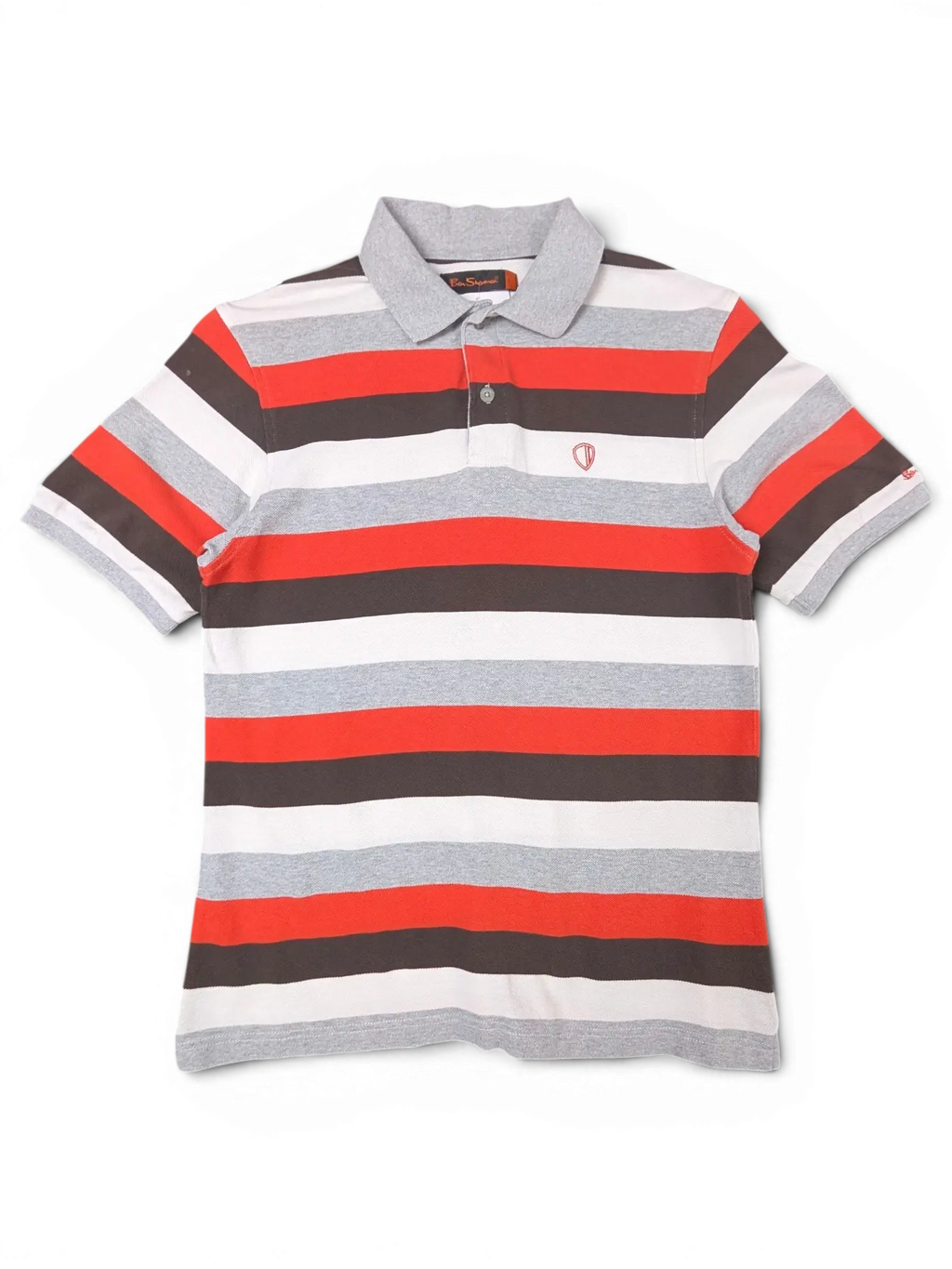 JAKE & IPI vintage Ben Sherman grey, red, black, and white horizontal striped polo shirt with embroidered shield logo