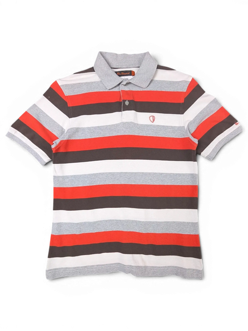 JAKE & IPI vintage Ben Sherman grey, red, black, and white horizontal striped polo shirt with embroidered shield logo
