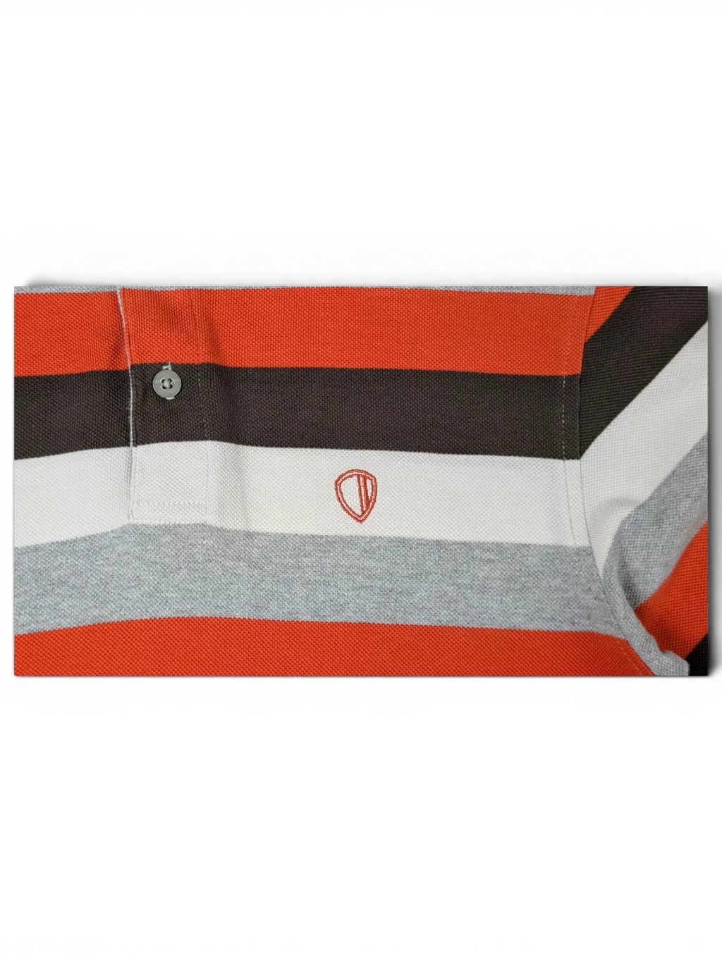 JAKE & IPI Ben Sherman vintage polo shirt featuring grey, red, black, and white horizontal stripes with shield logo.