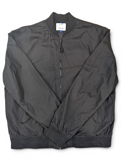 Bershka Black Zip Bomber Jacket; Front view of the black zip bomber jacket.