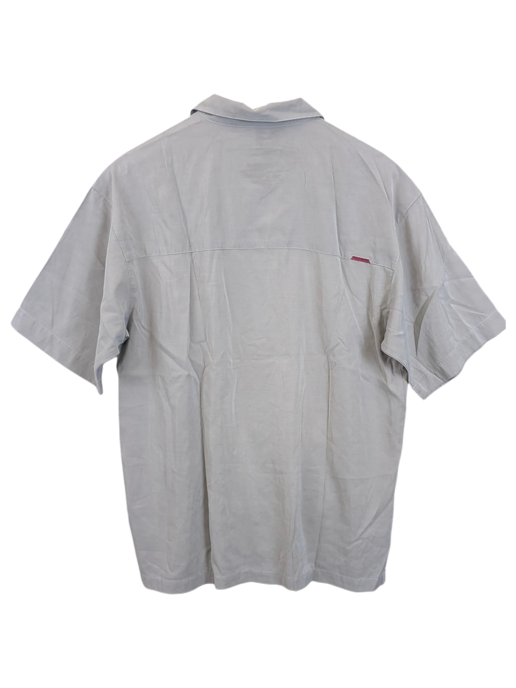 Back view of a JAKE & IPI BillaBong light grey short-sleeve button-down shirt with a small red brand tag.