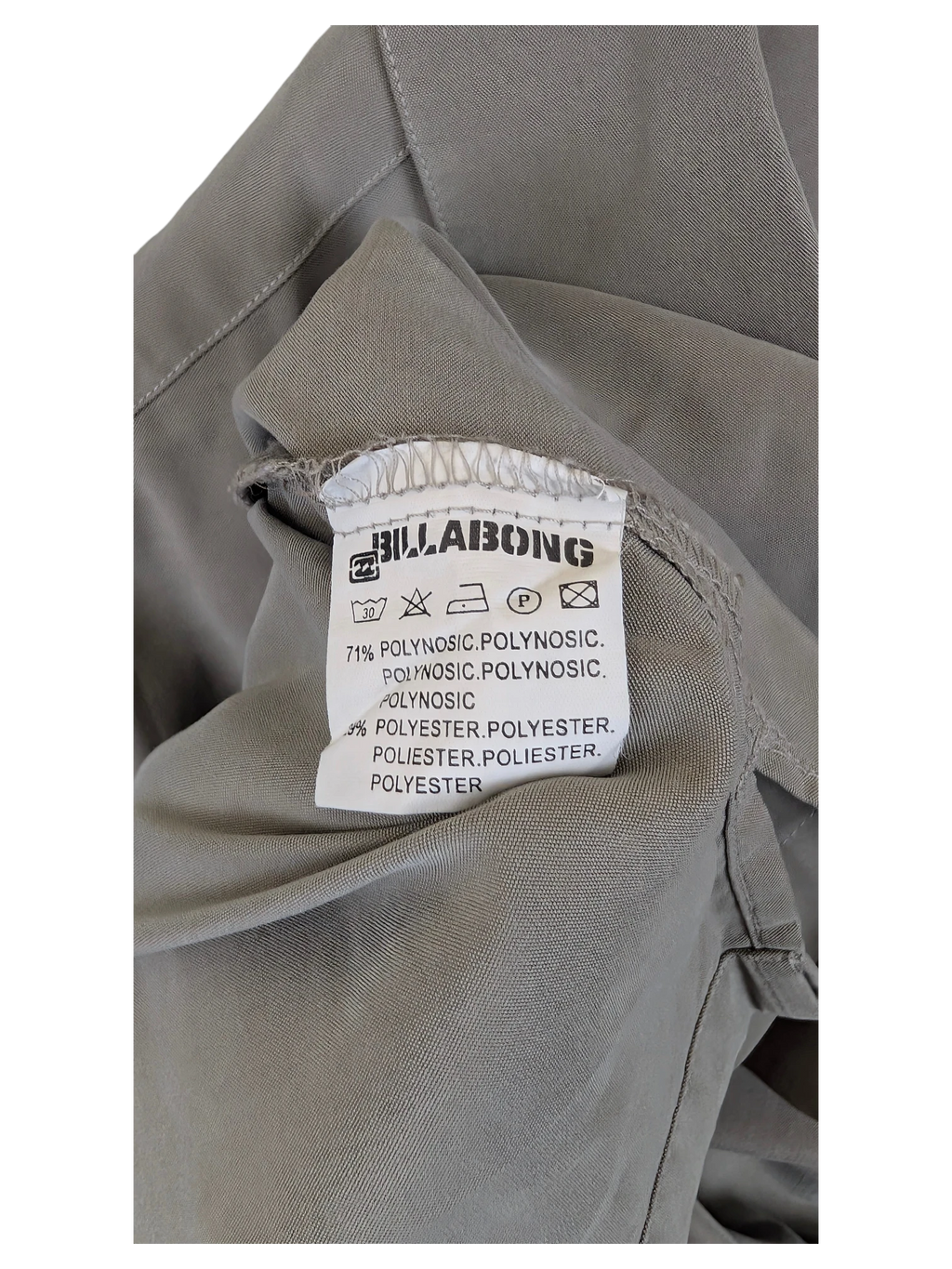 JAKE & IPI Billabong Hawaiian shirt grey polynosic and polyester fabric care label detail