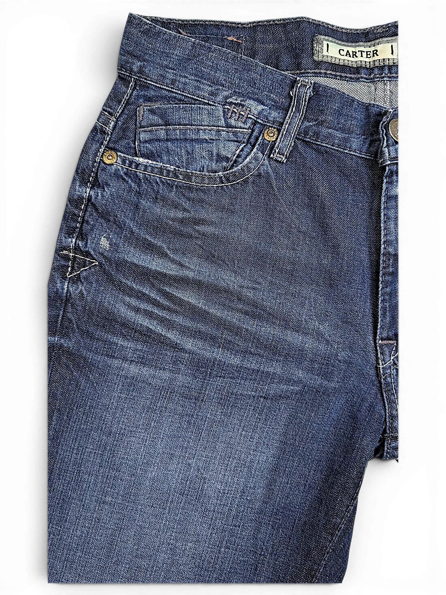 JAKE & IPI BKE Denim Carter 30L dark blue jeans featuring whiskering, contrast stitching, and a coin pocket.