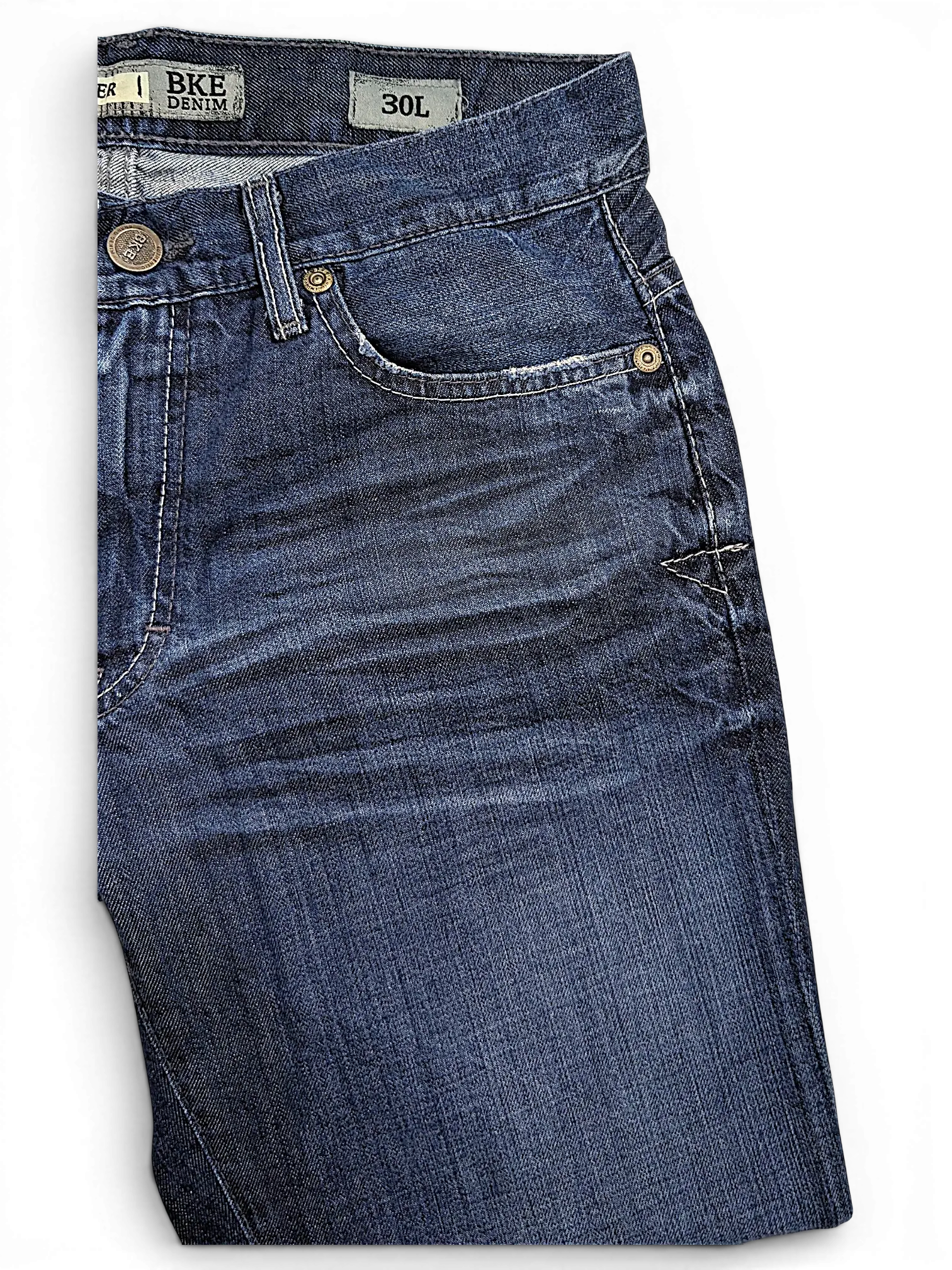JAKE & IPI BKE Denim Carter 30L dark wash jeans with whiskering and copper-tone hardware details.