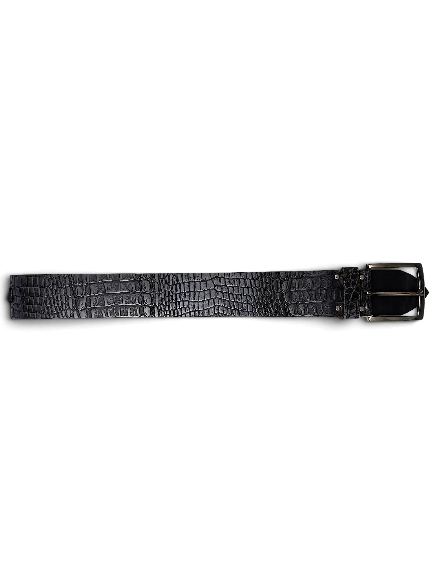 JAKE & IPI black Y2K style belt with alligator embossed leather texture and a silver buckle.