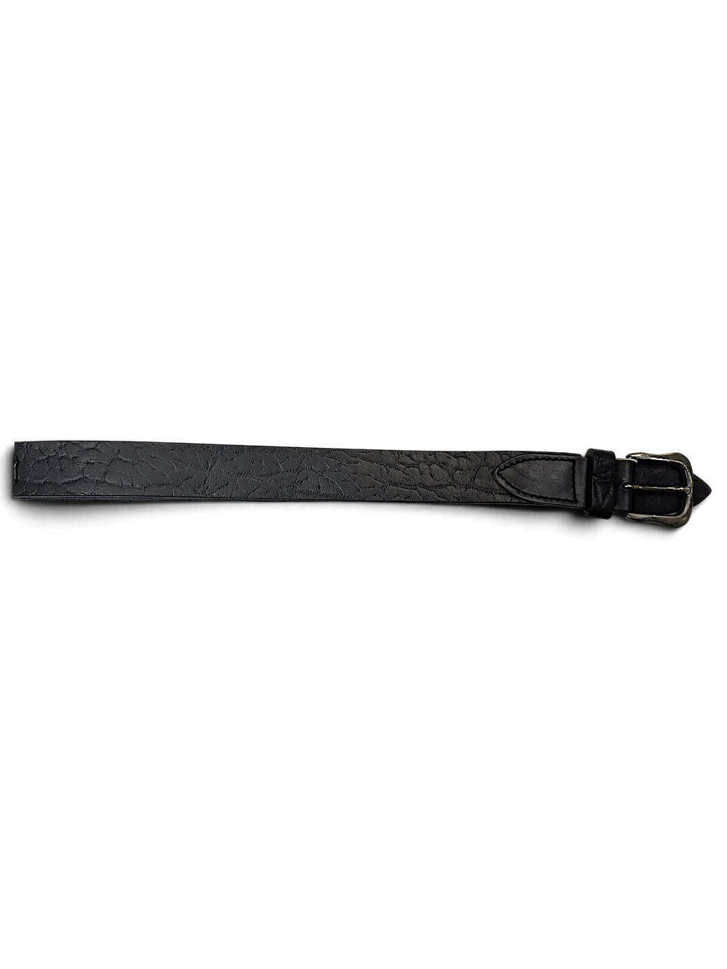JAKE & IPI black leather belt with alligator-style texture and a metal buckle on a white background