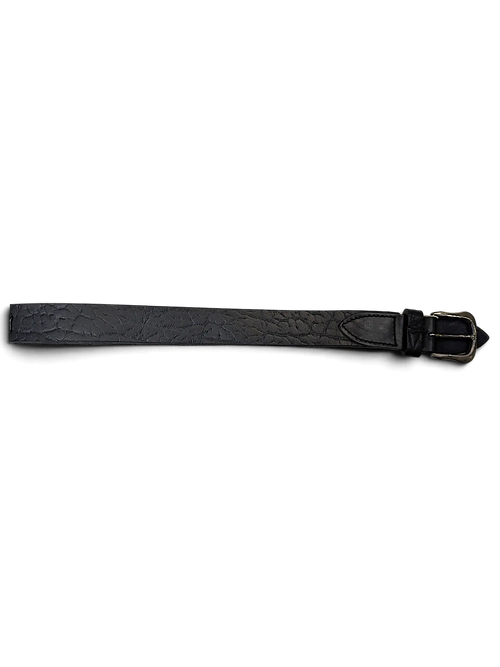 JAKE & IPI black leather belt with alligator-style texture and a metal buckle on a white background