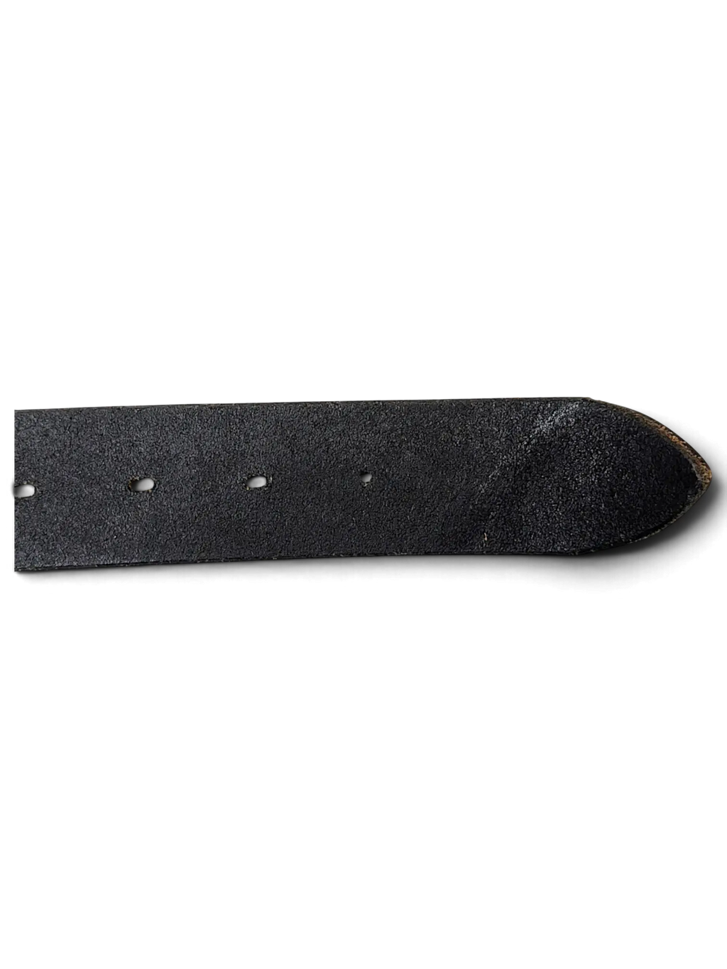 JAKE & IPI black alligator style leather belt with a pointed tip and punched holes on a white background