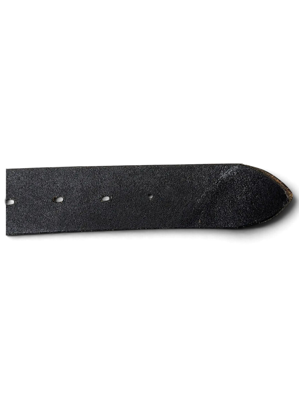 JAKE & IPI black alligator style leather belt with a pointed tip and punched holes on a white background