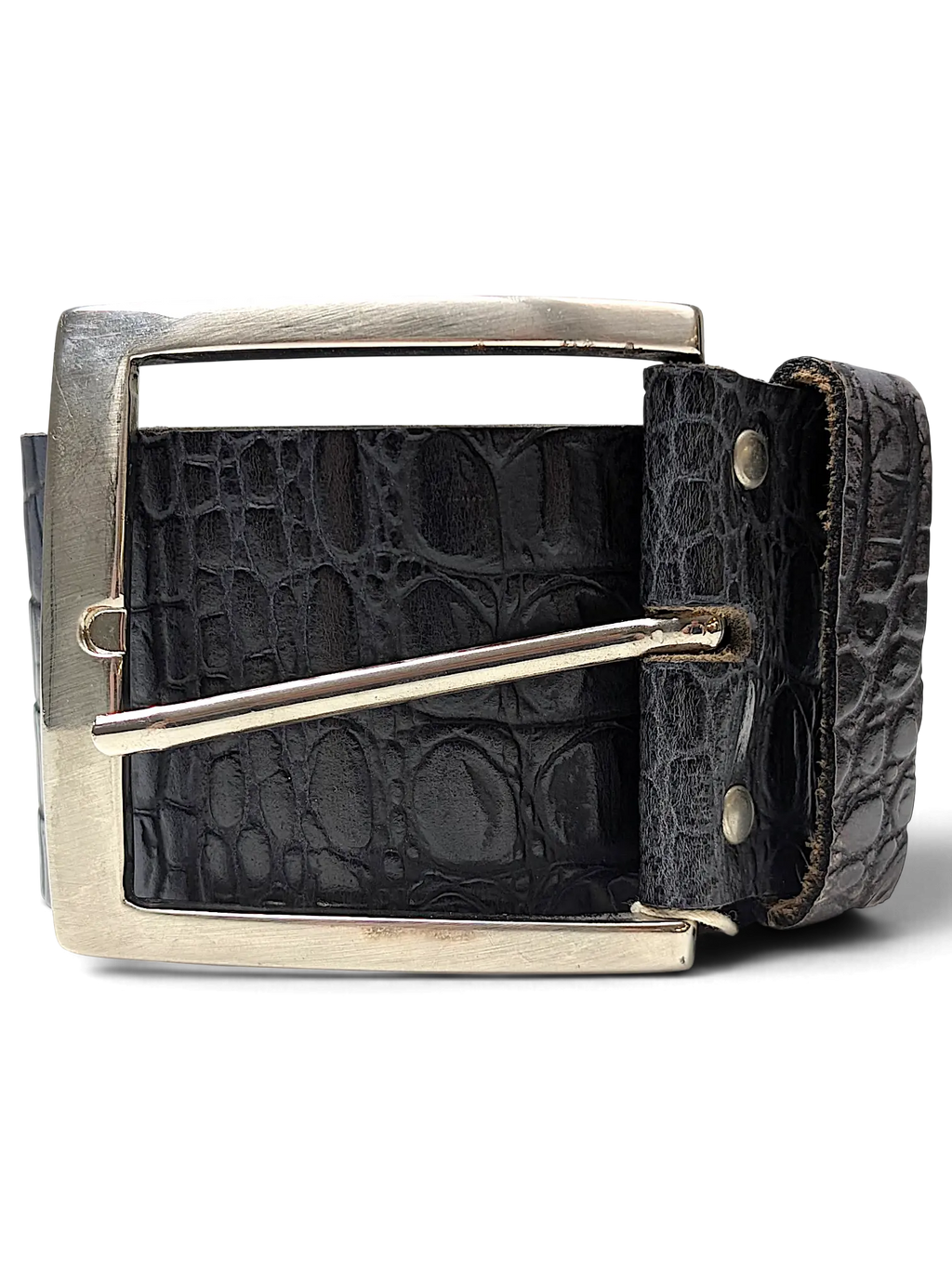 JAKE & IPI black alligator embossed leather belt with a large silver-tone rectangular buckle in Y2K style.