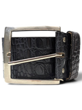 JAKE & IPI black alligator embossed leather belt with a large silver-tone rectangular buckle in Y2K style.