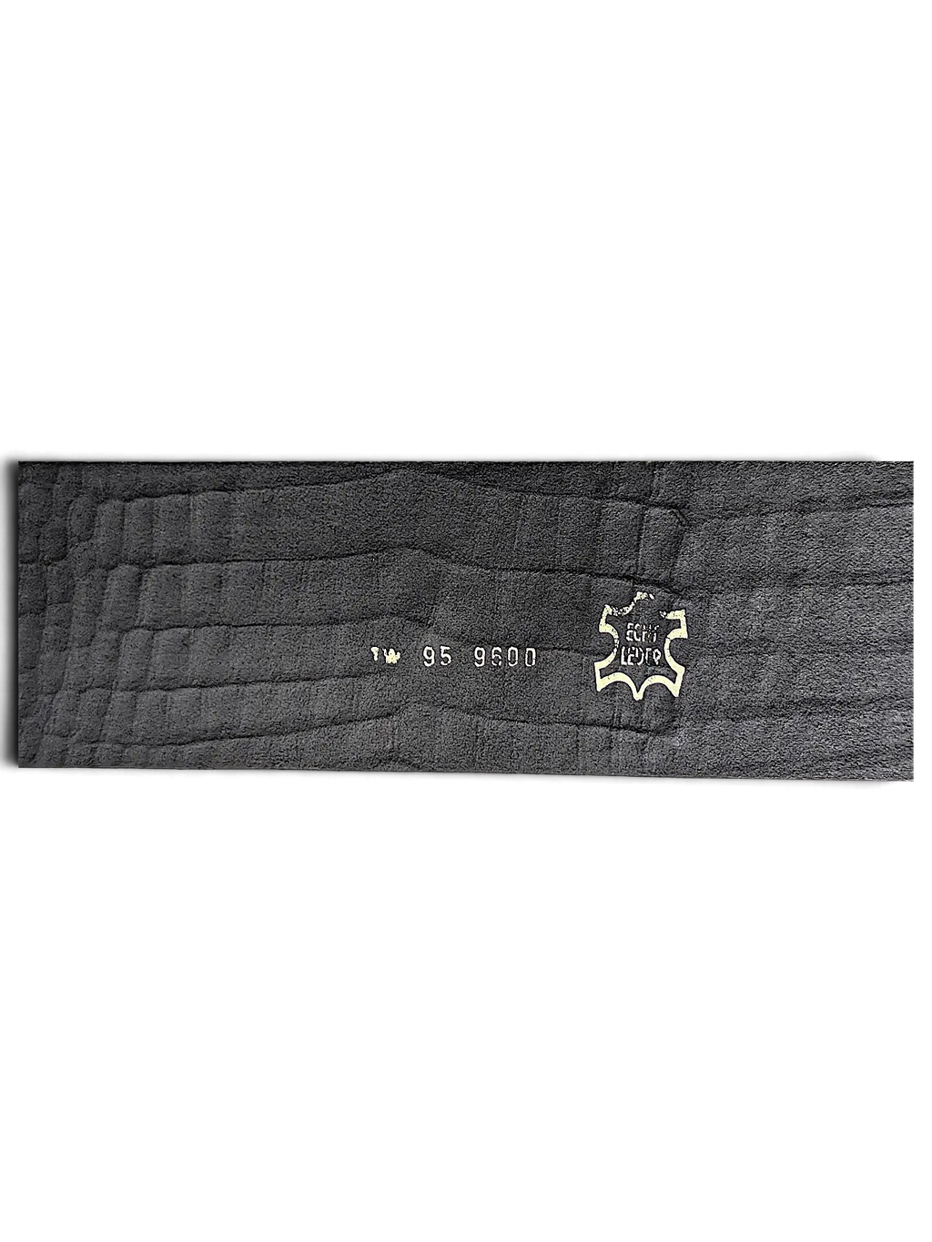 JAKE & IPI black alligator embossed leather belt interior showing genuine leather stamp and size details