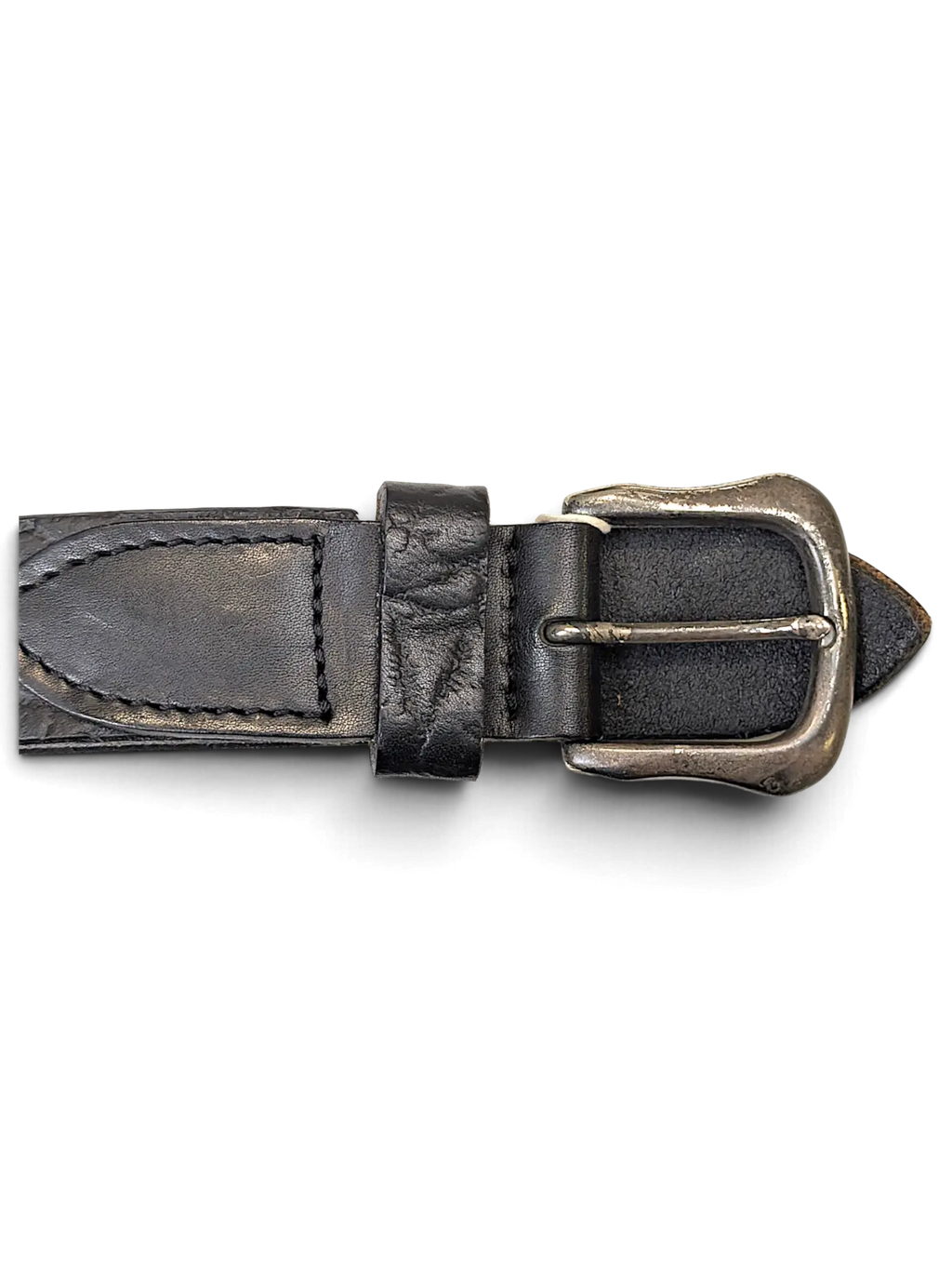 JAKE & IPI black leather belt featuring an alligator-style texture and a distressed silver-tone metal buckle.