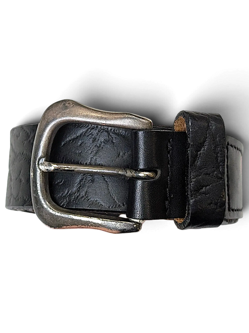 JAKE & IPI black leather belt with alligator texture and a distressed silver-tone metal buckle.