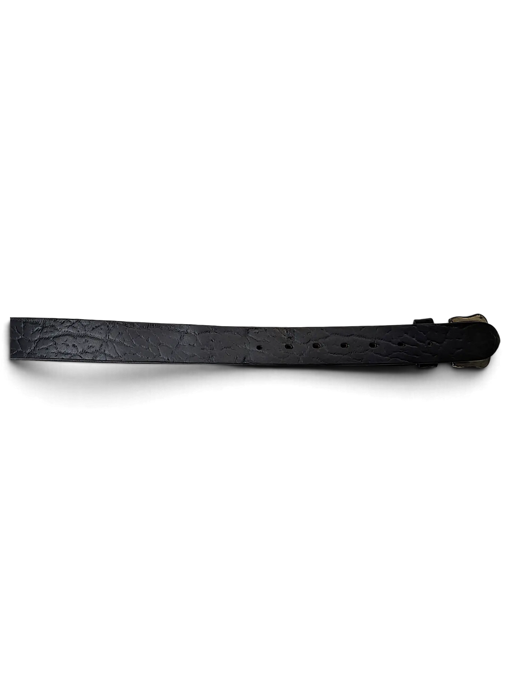 JAKE & IPI black leather belt featuring a textured alligator-style embossed pattern and a metal buckle.