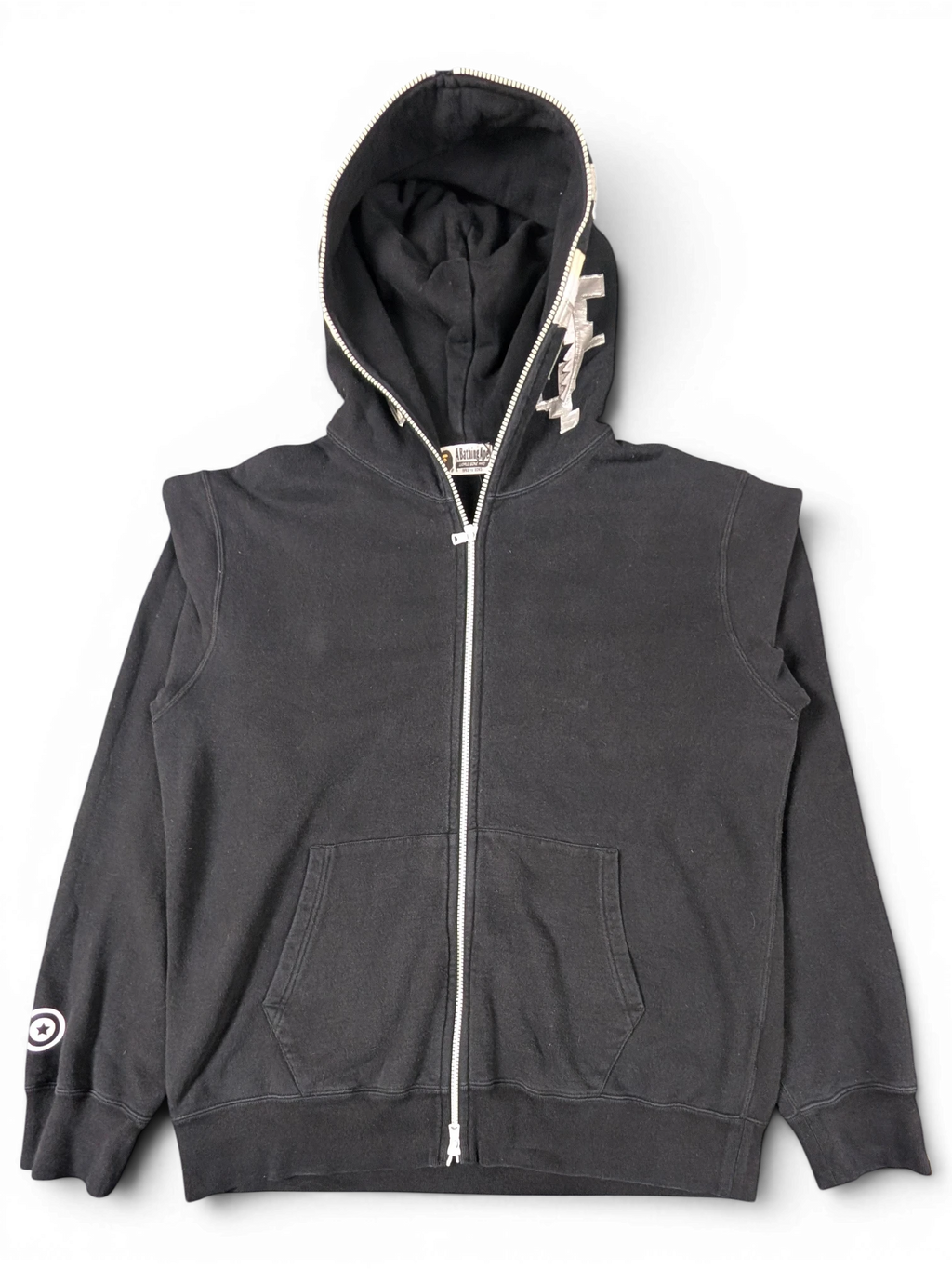 JAKE & IPI black Bape shark zip-up hoodie with signature hood graphic and sleeve logo detail